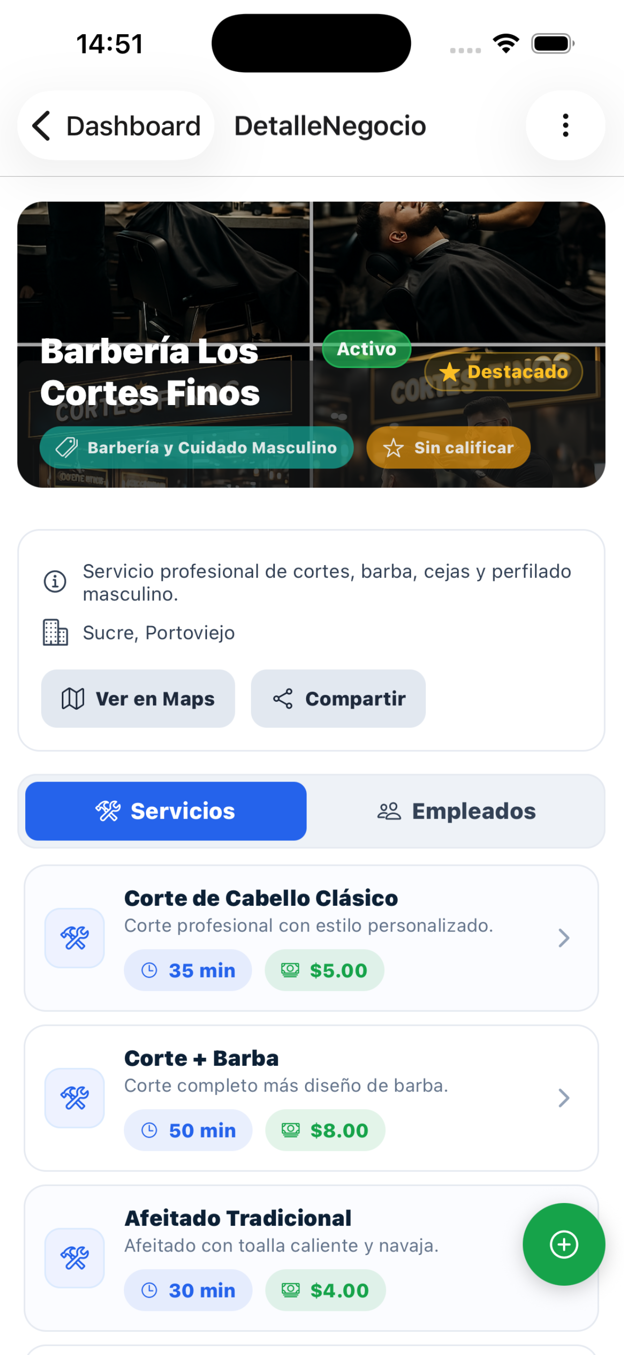 Pantalla de detalle de negocio y servicios en GoTurno